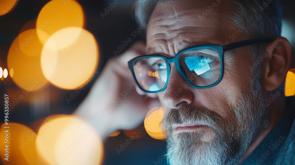 Focused man with glasses deep in thought, surrounded by soft bokeh lights, reflecting contemplative mood. His expression conveys intensity and introspection Focused man with glasses deep in thought, surrounded by soft bokeh lights, reflecting contemplative mood. His expression conveys intensity and introspection