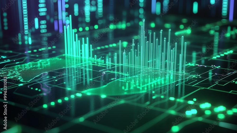 Abstract digital data visualization with glowing green grids and rising bars reflecting information processing. Abstract digital data visualization with glowing green grids and rising bars reflecting information processing.