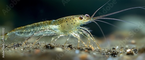 A small, translucent shrimp with brown spots crawls across a rocky seabed. photo