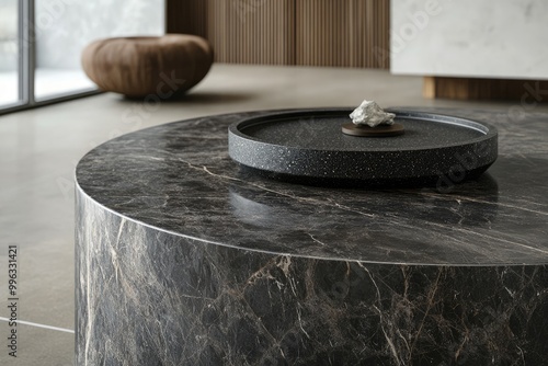 Close-up of a sleek marble table. This photo is perfect for showcasing interior design concepts, showcasing the elegance and sophistication of a modern minimalist home.