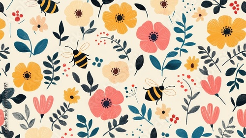 Childlike crayon flowers and bees, garden theme, flat design illustration