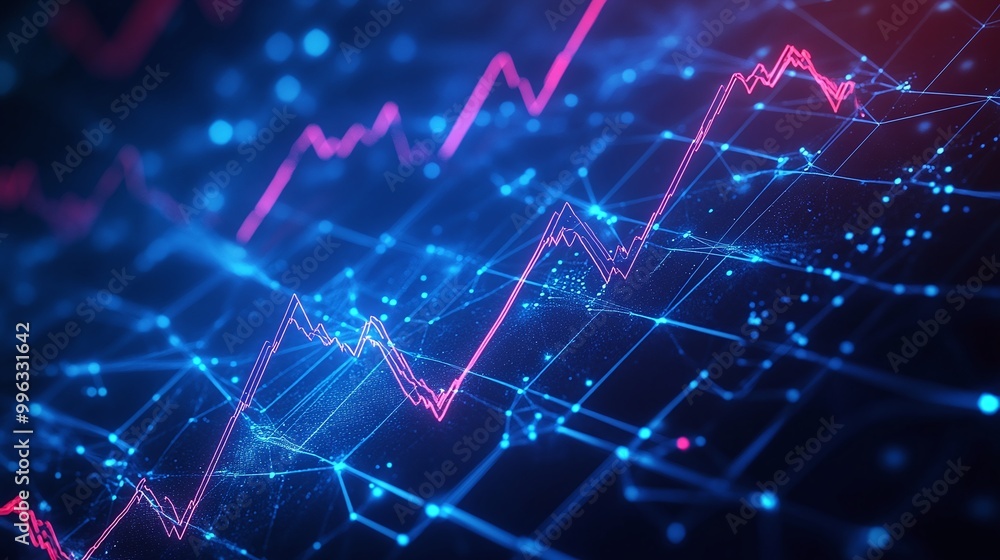 Abstract digital data visualization with glowing lines and dots, representing growth and analytics on a dark background. Abstract digital data visualization with glowing lines and dots, representing growth and analytics on a dark background.