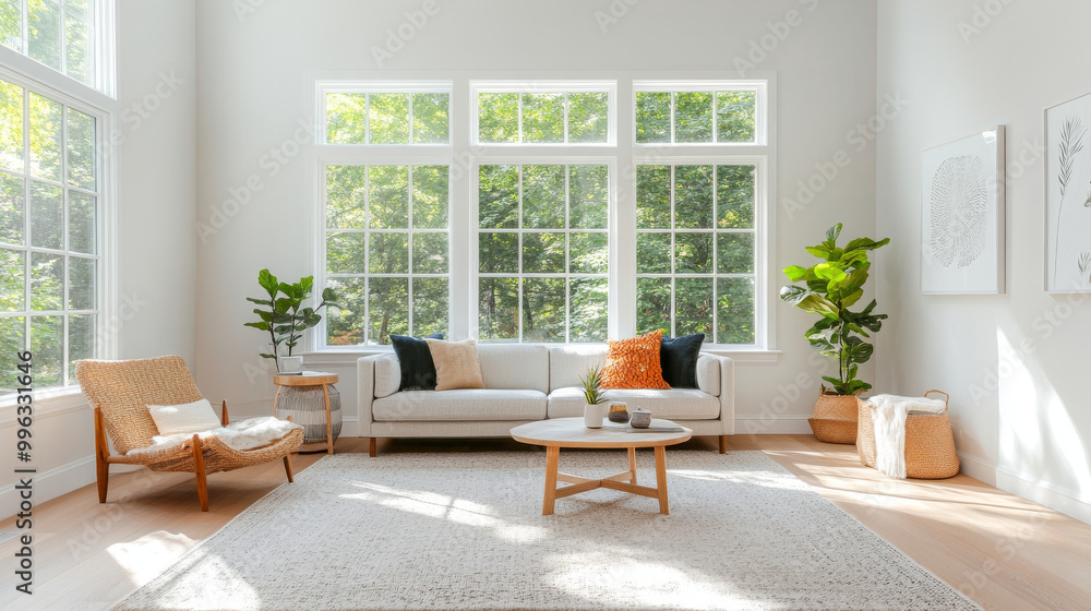 Fototapeta premium Bright and airy living room featuring large windows, cozy sofa, and stylish decor. space is enhanced by greenery and natural light, creating welcoming atmosphere