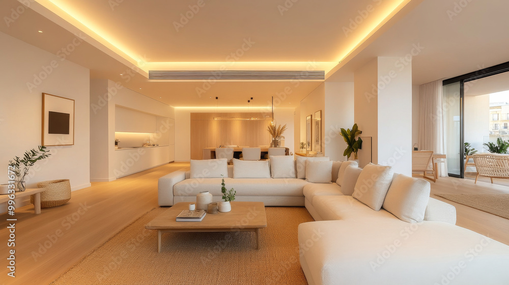 A modern living room featuring spacious white sectional sofa, wooden coffee table, and warm ambient lighting. minimalist design creates cozy and inviting atmosphere A modern living room featuring spacious white sectional sofa, wooden coffee table, and warm ambient lighting. minimalist design creates cozy and inviting atmosphere