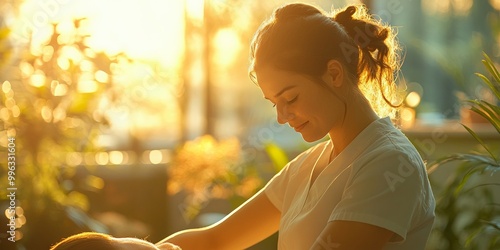 Massage therapist instructing intern in techniques, training area softly illuminated, focus on hands-on learning and professional development