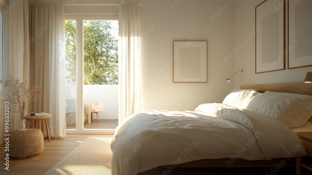 Fototapeta premium A serene bedroom featuring cozy bed with white linens, soft natural light streaming through large windows, and touch of greenery visible outside. space exudes tranquility and comfort