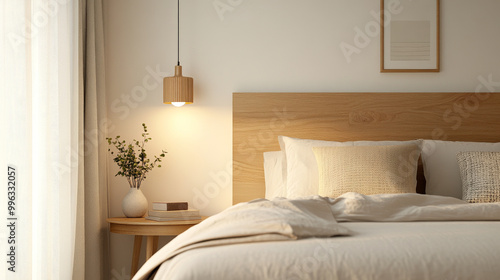 A cozy bedroom featuring wooden headboard, soft bedding, and stylish pendant light. warm ambiance is enhanced by natural light filtering through curtains, creating serene atmosphere