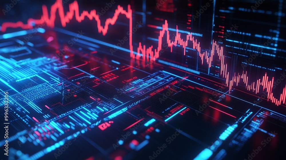 Abstract digital data visualization with glowing lines, representing stock market trends on a dark background. Abstract digital data visualization with glowing lines, representing stock market trends on a dark background.