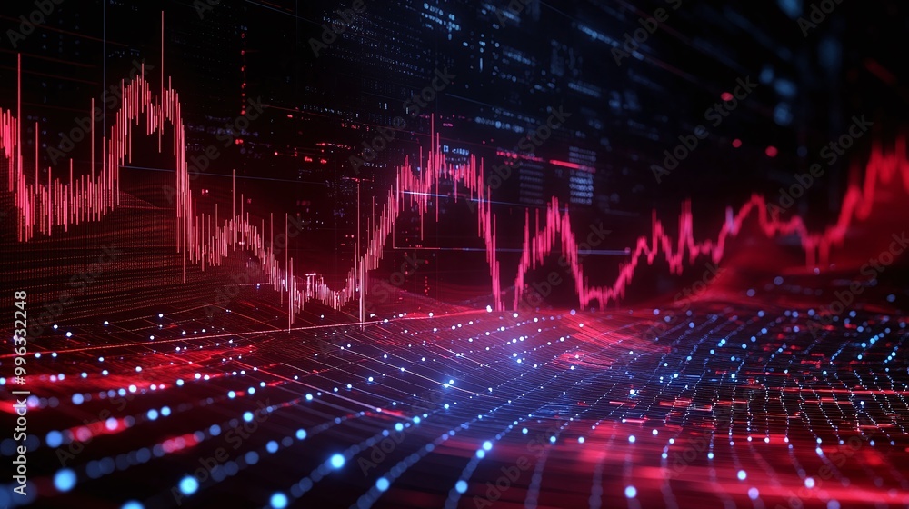 Abstract digital data visualization with glowing red and blue lines over a dark background, symbolizing data analysis and trends. Abstract digital data visualization with glowing red and blue lines over a dark background, symbolizing data analysis and trends.