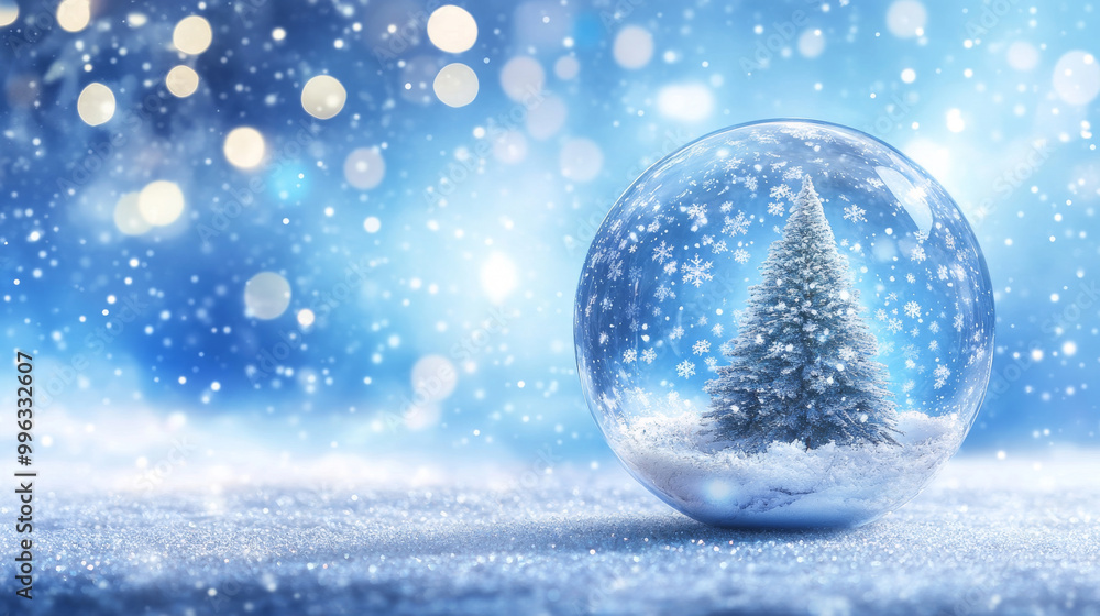 A beautiful snow globe featuring snowy Christmas tree, surrounded by sparkling snowflakes and dreamy blue background. This enchanting scene captures magic of winter A beautiful snow globe featuring snowy Christmas tree, surrounded by sparkling snowflakes and dreamy blue background. This enchanting scene captures magic of winter