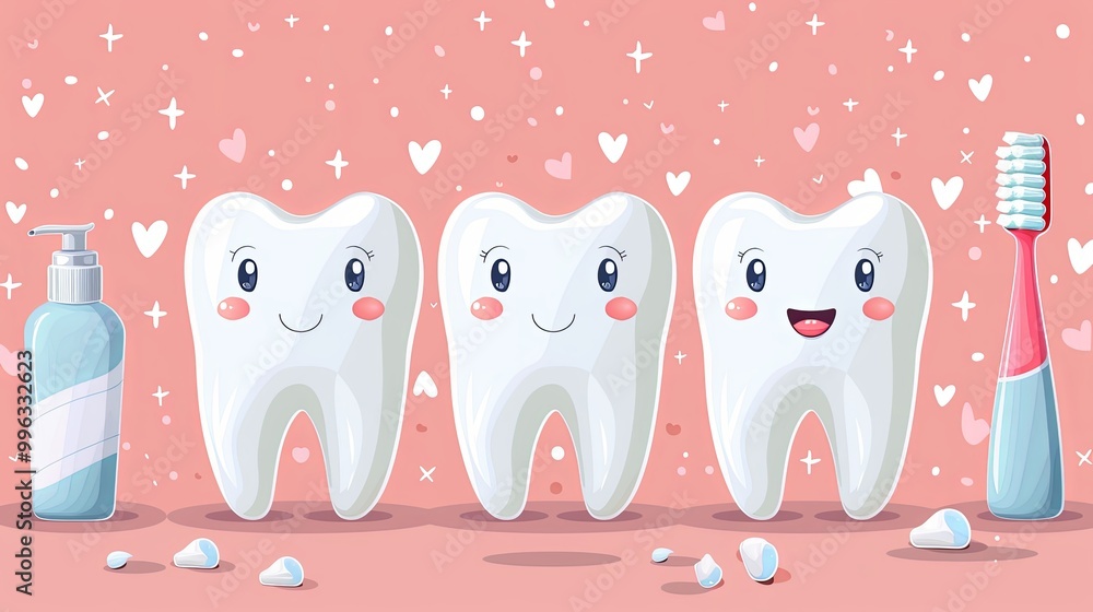 Obraz premium Happy cartoon tooth holding a toothbrush with a big smile, surrounded by fun and cute symbols like hearts, representing dental care and health in a playful, friendly illustration