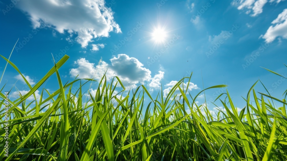 A serene, sunny day scene with lush green grass under a bright blue sky. The sun shines, creating a fresh and renewing atmosphere. A serene, sunny day scene with lush green grass under a bright blue sky. The sun shines, creating a fresh and renewing atmosphere.