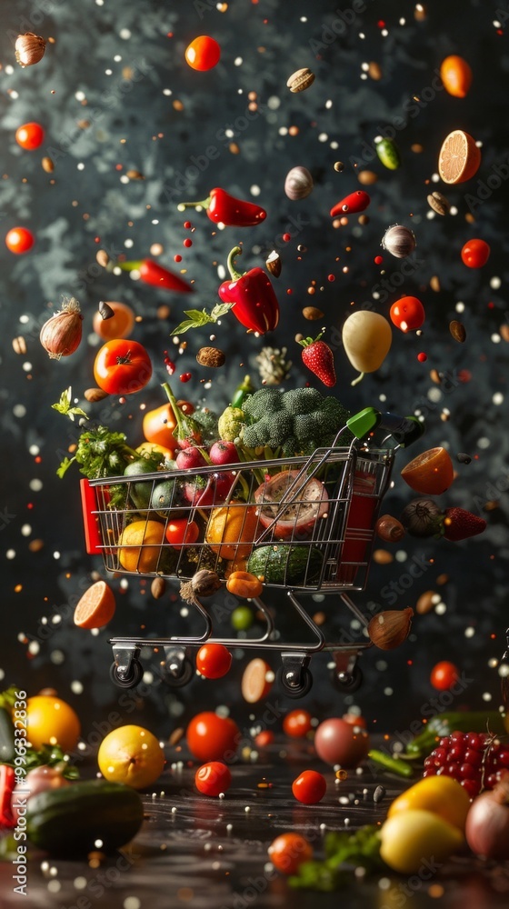 Vibrant scene with a steel cart on a table filled with fresh, colorful fruits and veggies. Some seem to float, adding dynamism. Dark background enhances their freshness and abundance. Vibrant scene with a steel cart on a table filled with fresh, colorful fruits and veggies. Some seem to float, adding dynamism. Dark background enhances their freshness and abundance.