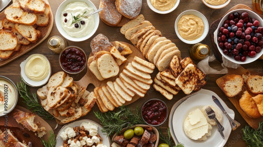 A festive brunch table adorned with an array of toasted bread varieties, spreads, and garnishes, showcasing the versatility of this beloved snack. A festive brunch table adorned with an array of toasted bread varieties, spreads, and garnishes, showcasing the versatility of this beloved snack.