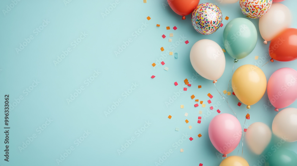 Colorful balloons and confetti create festive atmosphere against light blue background, perfect for celebrations and parties. vibrant colors evoke joy and excitement Colorful balloons and confetti create festive atmosphere against light blue background, perfect for celebrations and parties. vibrant colors evoke joy and excitement