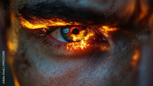 close up of eyes with mad and vengeful look, burning feelings, facial expression