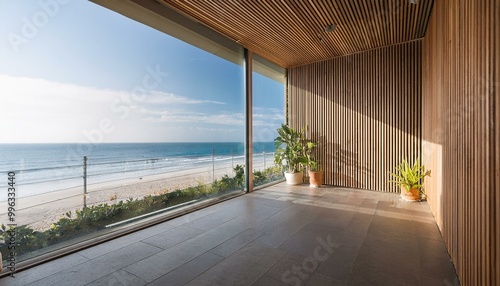 Balcony room with sea and beach view from the window. Modern interior with wooden slat wall panels and concrete tiles. Terrace mockup with sunlight. empty room with a window photo