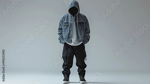 A mockup of a streetwear outfit featuring a hoodie layered under a denim jacket, paired with black jogger pants, presented in a clean, stylish mockup with a white backgroun photo