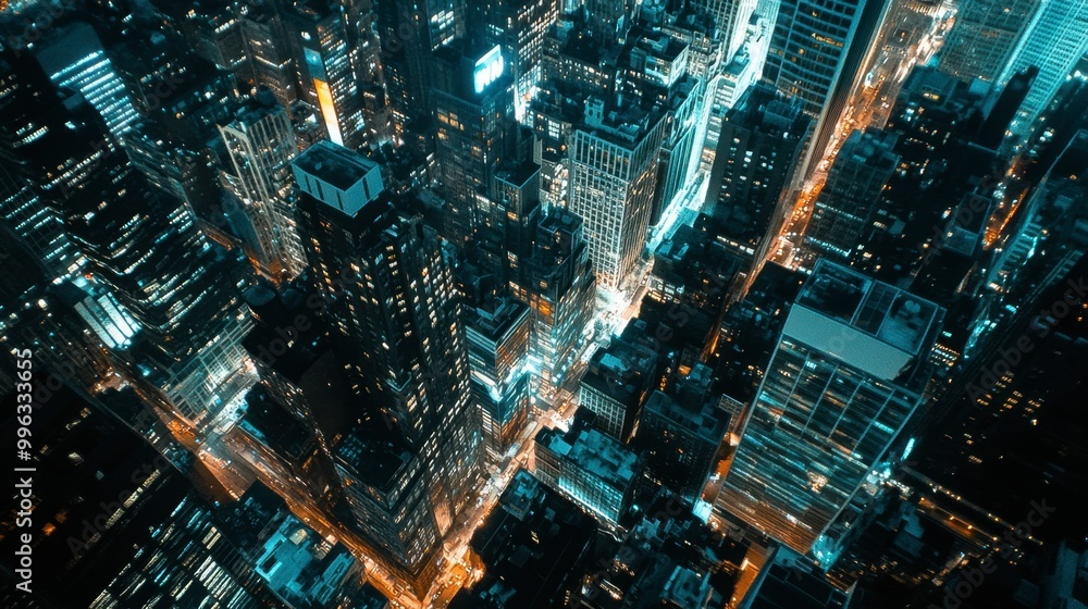 An aerial shot of a dense urban cityscape at night, with glowing skyscrapers and busy streets below. An aerial shot of a dense urban cityscape at night, with glowing skyscrapers and busy streets below.