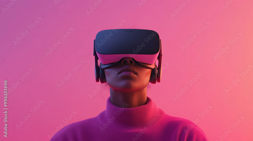 Immersed in vibrant world, woman experiences virtual reality with headset, showcasing fusion of technology and emotion. colorful background enhances futuristic vibe Immersed in vibrant world, woman experiences virtual reality with headset, showcasing fusion of technology and emotion. colorful background enhances futuristic vibe