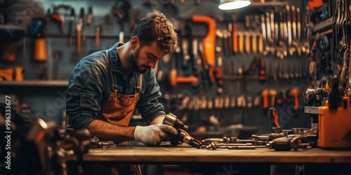 Mechanic Organizing Tools, A tidy workspace illuminated by warm light, showcasing a focused mechanic amidst a softly blurred tool wall