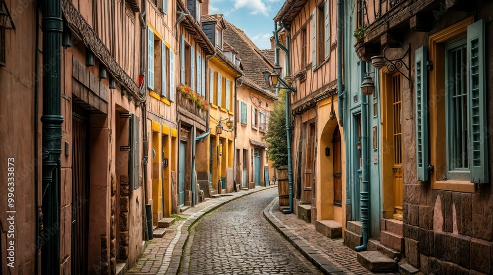 Fototapeta premium Flowery streets on a rainy spring day in a small magical village
