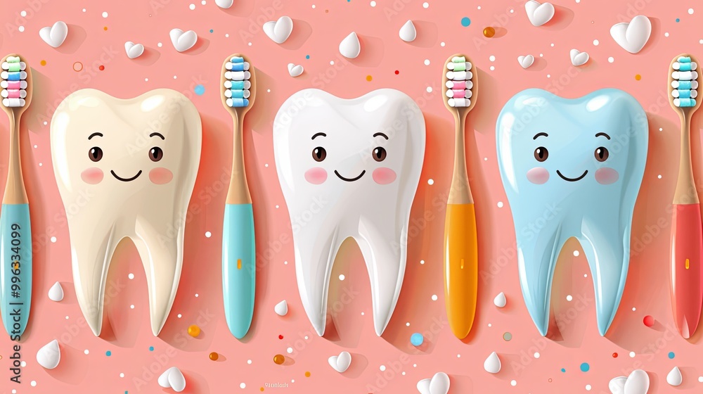 Happy cartoon tooth holding a toothbrush with a big smile, surrounded by fun and cute symbols like hearts, representing dental care and health in a playful, friendly illustration Happy cartoon tooth holding a toothbrush with a big smile, surrounded by fun and cute symbols like hearts, representing dental care and health in a playful, friendly illustration
