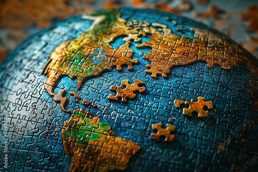 Obraz premium Earth made of jigsaw puzzle. Generative Ai
