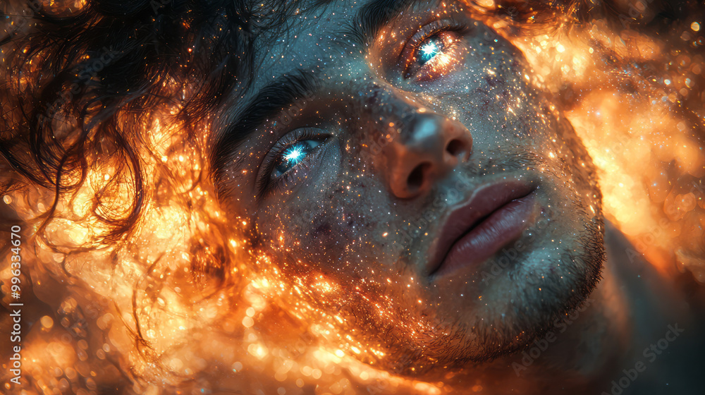 A portrait of a man with galaxies spinning in his hair, A portrait of a man with galaxies spinning in his hair,