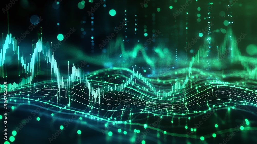 Abstract digital data visualization with green waves and glowing particles, representing technology and information. Abstract digital data visualization with green waves and glowing particles, representing technology and information.