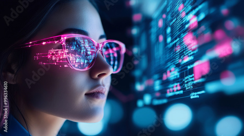 image features woman wearing futuristic glasses that display digital data and graphics, creating captivating blend of technology and human expression