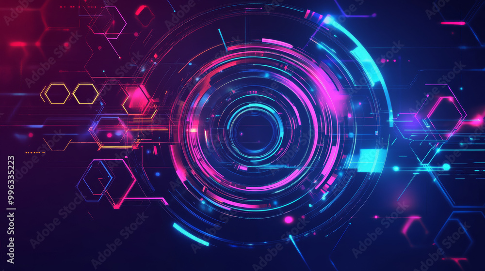 Obraz premium Virtual 3D elements featuring circles, hexagons, triangles, lines, squares, and rectangles. A modern logo in cyberpunk style, designed for futuristic IT badges. Hi-tech design for banners, presented i