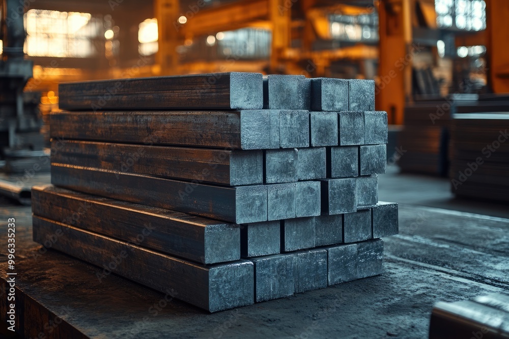 Stack of steel bars in a factory. A photo ideal for illustrating a concept related to construction, manufacturing, or industry. Stack of steel bars in a factory. A photo ideal for illustrating a concept related to construction, manufacturing, or industry.