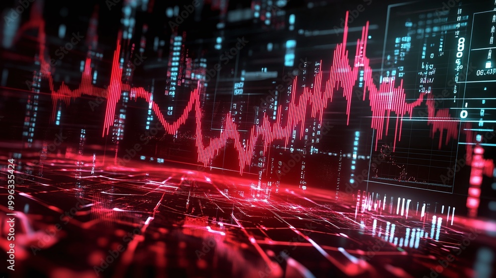 Abstract digital data visualization with red glowing graphs and lines on a dark background. Abstract digital data visualization with red glowing graphs and lines on a dark background.