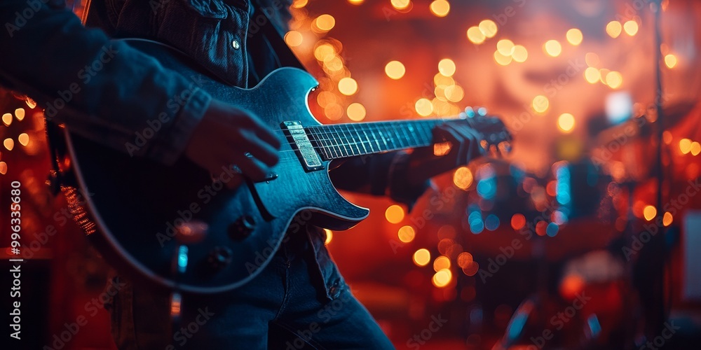 Obraz premium Musician preparing for performance, softly blurred venue backdrop, warm inviting lighting, cozy backstage atmosphere