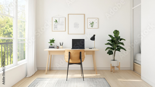 A modern home office featuring wooden desk, laptop, and stylish decor. bright space is enhanced by natural light, plants, and minimalistic artwork, creating serene work environment
