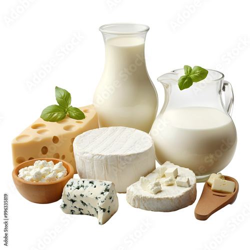 Cheese products of PNG. A group of dairy products such as milk, hard cheese, blue cheese, brie cheese and cream cheese. A set of cheeses on a transparent background. photo