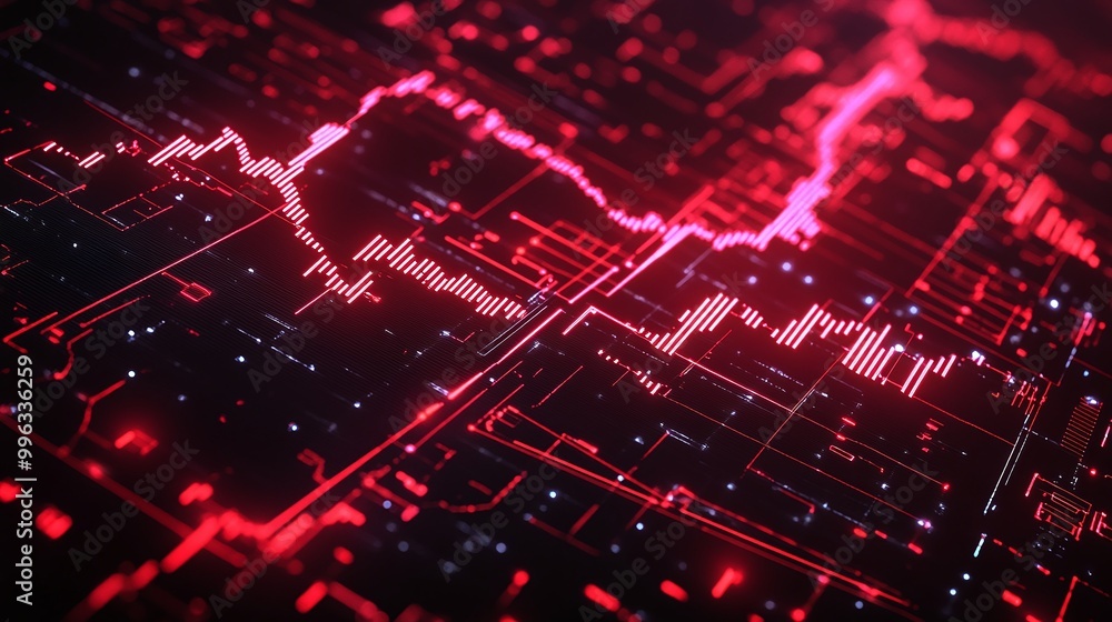 Abstract digital data visualization with red lines representing fluctuations in statistics over a dark grid background. Abstract digital data visualization with red lines representing fluctuations in statistics over a dark grid background.