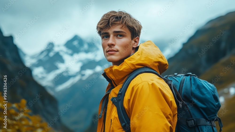 A man wearing a yellow jacket and a blue backpack stands in front of a mountain range. He looks happy and confident, ready for his adventure A man wearing a yellow jacket and a blue backpack stands in front of a mountain range. He looks happy and confident, ready for his adventure