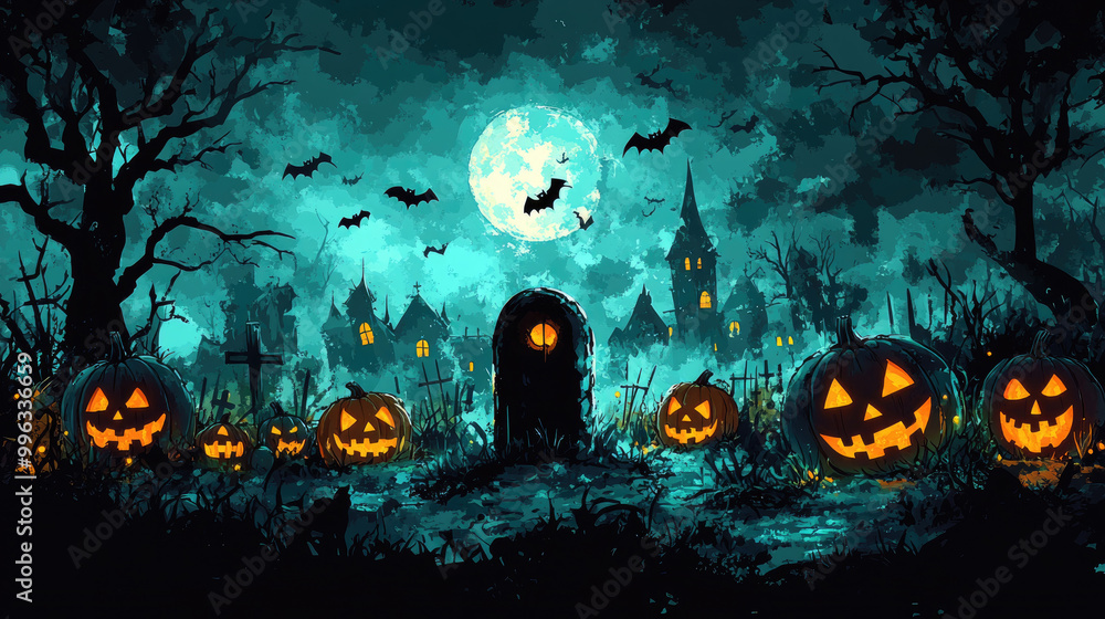 Glowing jack-o'-lanterns sit in a graveyard, surrounded by bats and mist, with a full moon illuminating the haunted landscape Glowing jack-o'-lanterns sit in a graveyard, surrounded by bats and mist, with a full moon illuminating the haunted landscape
