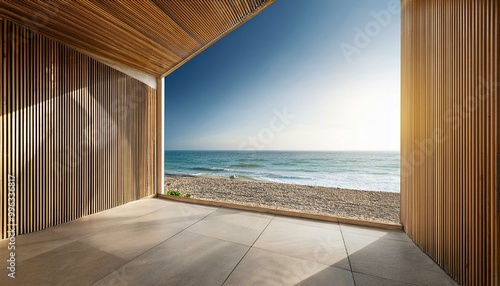 Balcony room with sea and beach view from the window. Modern interior with wooden slat wall panels and concrete tiles. Terrace mockup with sunlight. empty room with a window