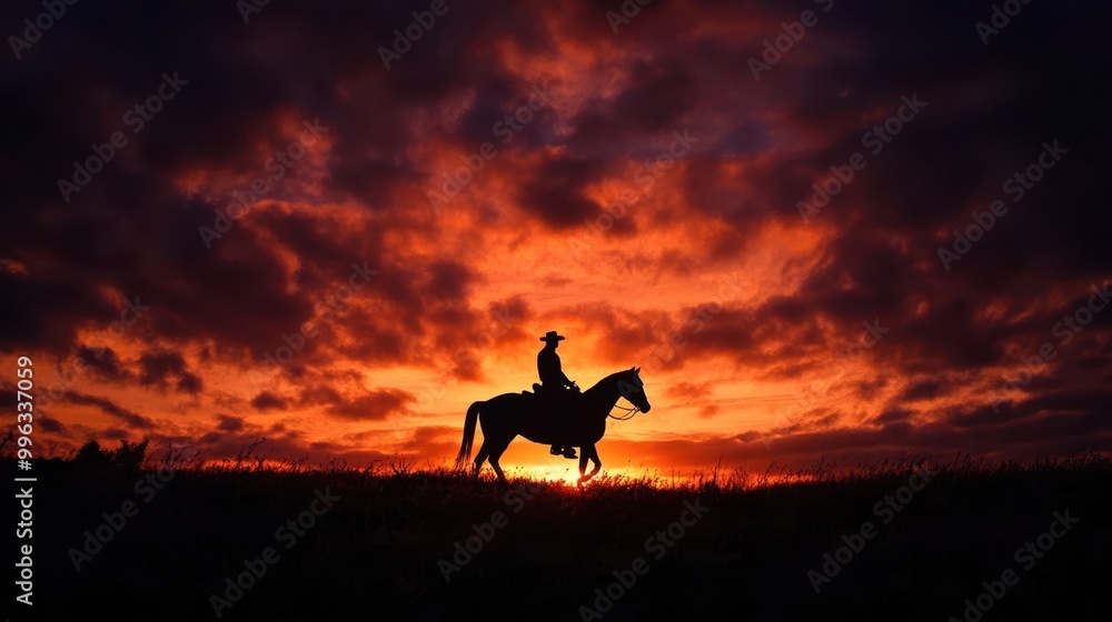 Silhouette of a cowboy on horseback against a vibrant sunset sky. Silhouette of a cowboy on horseback against a vibrant sunset sky.