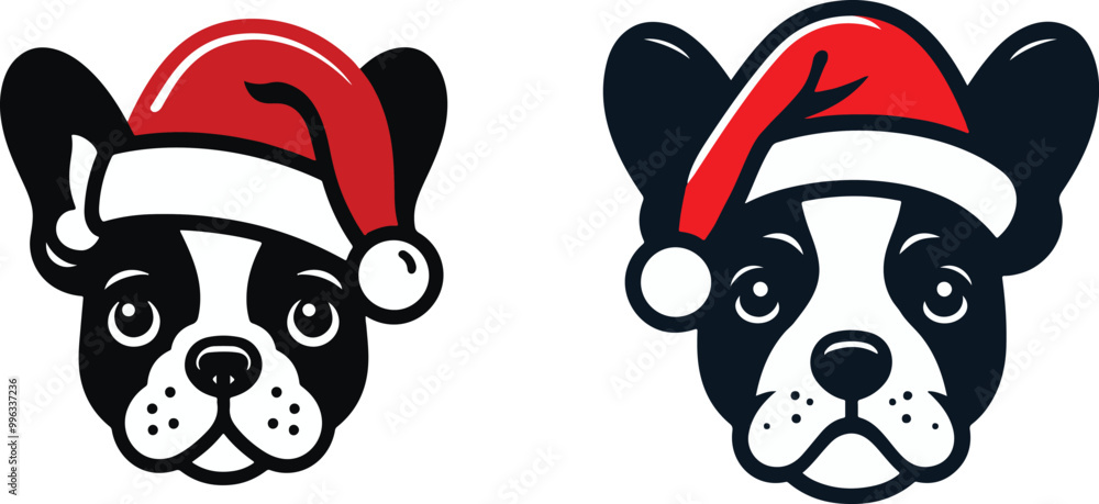 vector illustration of a black and white French Bulldog's head wearing a red Santa hat vector illustration of a black and white French Bulldog's head wearing a red Santa hat