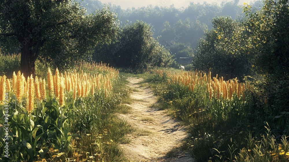 Serene Forest Path with Golden Flowers Serene Forest Path with Golden Flowers