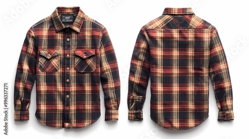 front and back A flannel shirt with a button-up front, featuring a plaid pattern and rolled-up sleeves, styled for a relaxed and casual look, on a white background