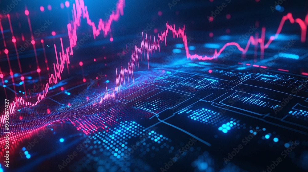 Abstract digital data visualization with vibrant colors and graphs representing financial trends. Abstract digital data visualization with vibrant colors and graphs representing financial trends.