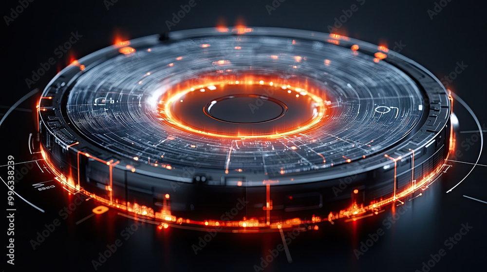 A glowing circular interface features vibrant orange accents and detailed patterns, creating a futuristic technological ambiance at night A glowing circular interface features vibrant orange accents and detailed patterns, creating a futuristic technological ambiance at night