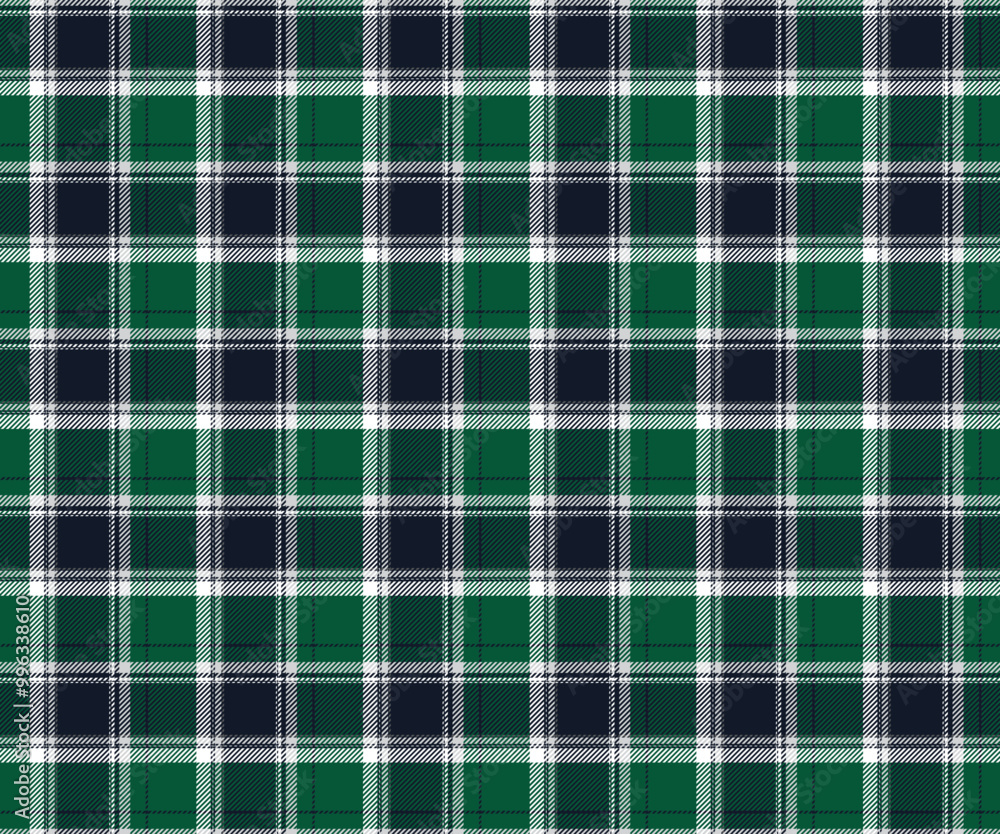 Plaid fabric pattern, navy, green, white, striking fresh natural checkered lines, seamless for textiles, and for designing clothes, skirts, pants or decorative fabrics. Vector illustration. Plaid fabric pattern, navy, green, white, striking fresh natural checkered lines, seamless for textiles, and for designing clothes, skirts, pants or decorative fabrics. Vector illustration.