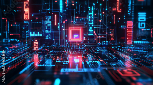 Tech circuit font featuring computer and motherboard-style typography. Microcircuit-inspired English alphabet letters and numbers, with a futuristic neon line pattern resembling microchips. Vector typ