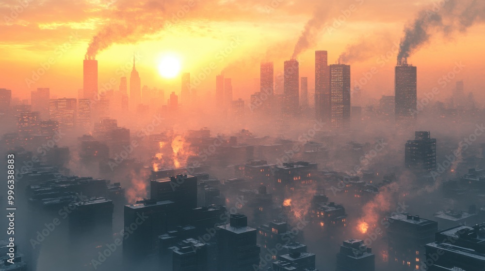 A foggy cityscape at sunrise, with smokestacks emitting pollution into the atmosphere. A foggy cityscape at sunrise, with smokestacks emitting pollution into the atmosphere.